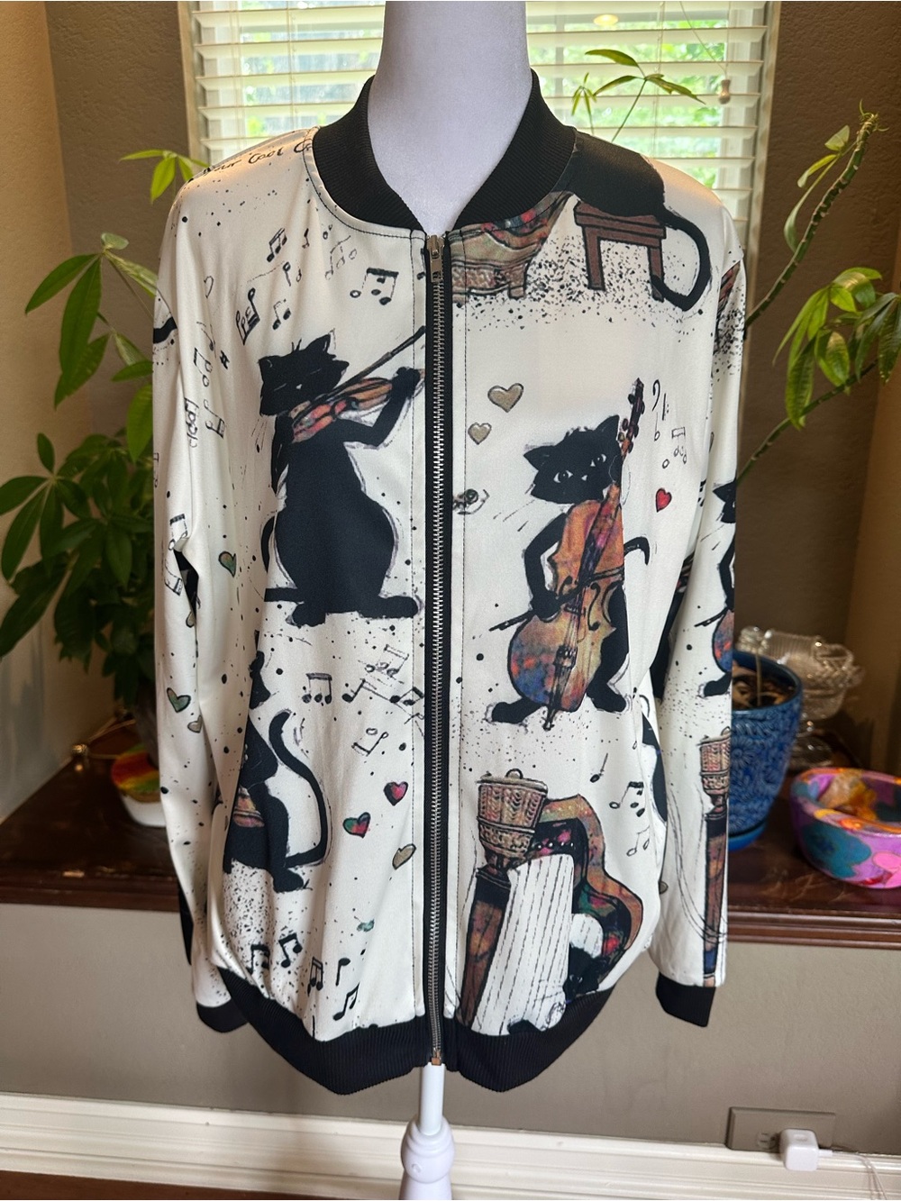 Women's White Bomber Jacket with Musical Cat Print - Picture 2 of 6